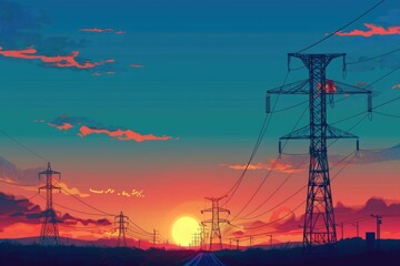 A beautiful sunset scene with power lines and poles. Perfect for energy or infrastructure concepts