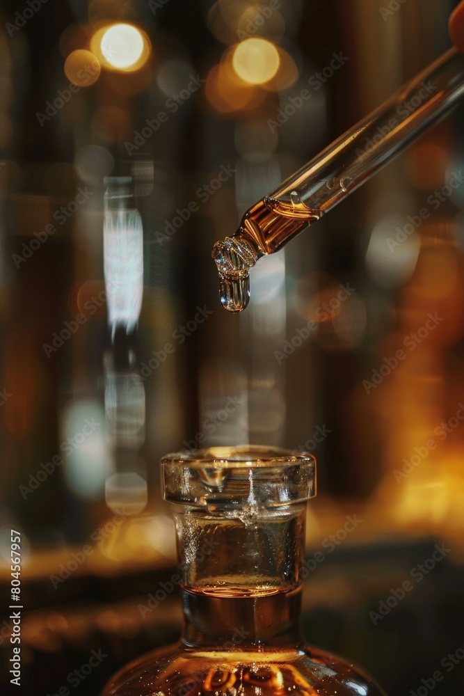 Poster a glass bottle filled with liquid on a table. suitable for various concepts