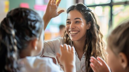 Group of smiling students studying together Happy elementary school teacher giving high-five to her student during class in the classroom.