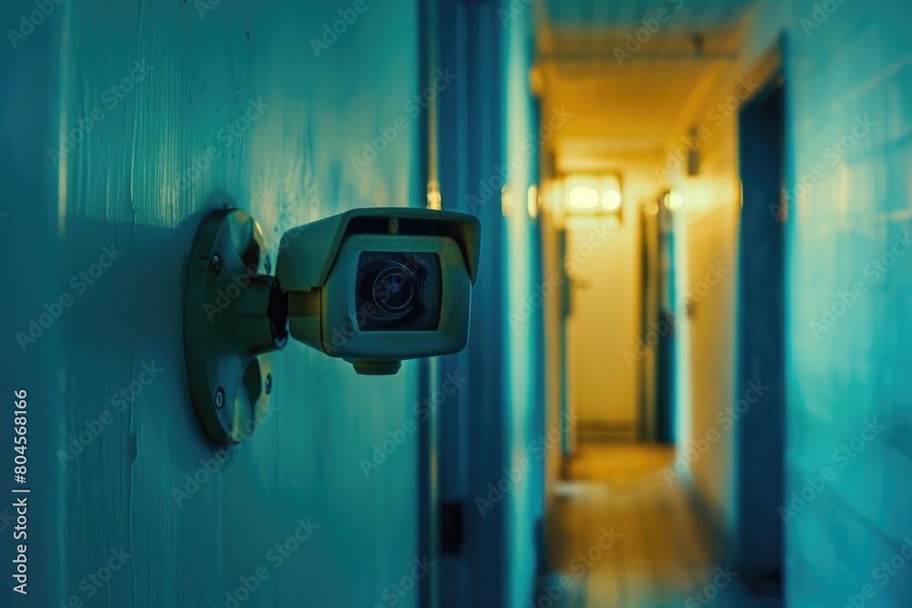 Poster a camera mounted to the side of a wall. suitable for surveillance concepts