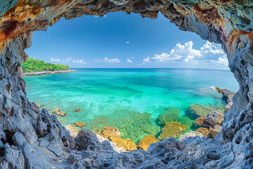 Obraz premium Seaside view through natural rock window