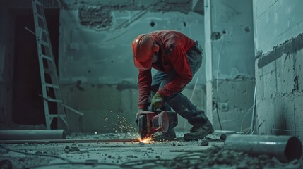 A man in a red jacket working on a piece of metal. Suitable for industrial or construction themes