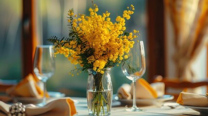 A vase filled with yellow flowers on a table. Perfect for home decor or interior design projects - Powered by Adobe