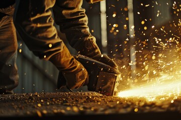 Person using grinder to cut metal, ideal for industrial concepts