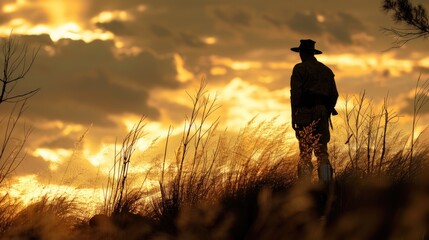 A man in a hat standing in a field, suitable for various concepts