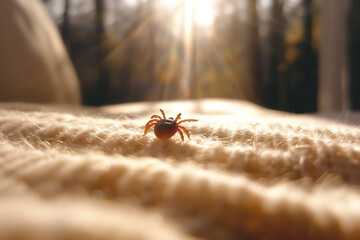 Macro photo of a tick insect crawling on sun-kissed human after feeding.. Silent threat, nature's bite. Borrelia, the bacteria transmitted by ticks.