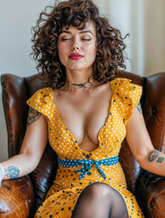 A beautiful curvy woman, wearing a low-cut yellow pin-up style dress, sitting in a leather armchair