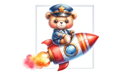 A cute teddy bear astronaut blasts off on an exciting space exploration adventure in a colorful rocket. Perfect for children's projects, science fiction themes, or playful designs.