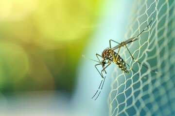 Close-up of a mosquito sitting on a net, suitable for pest control concepts
