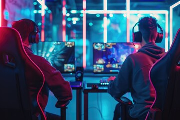 A couple sitting together in front of a computer. Suitable for technology concepts