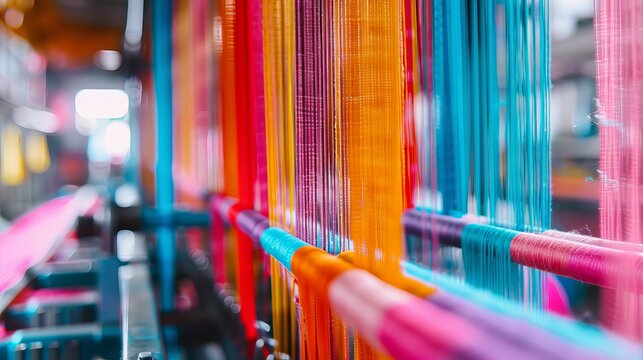 Background texture featuring multicolored straight strands, reminiscent of sewing equipment or loom machinery in a garment factory.