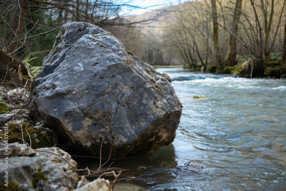 Poster a large rock sitting in the middle of a river. suitable for nature and landscape themes