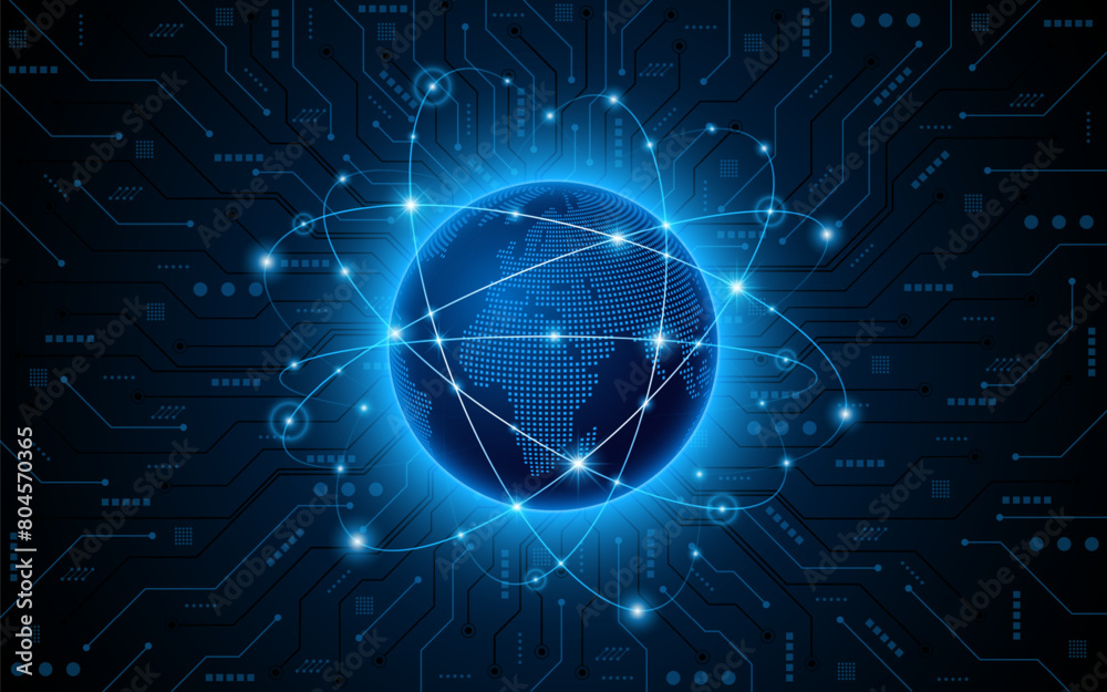 Fototapete Global connection network background. World map with technology circuit boards. Internet technology concept or global communication