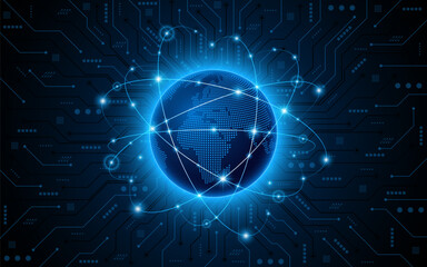 Global connection network background. World map with technology circuit boards. Internet technology concept or global communication
