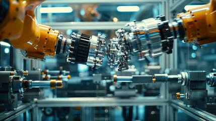 Close-up illustration showing robot arms in action at an engineering facility, representing the use of high-tech industrial technology and machine learning.