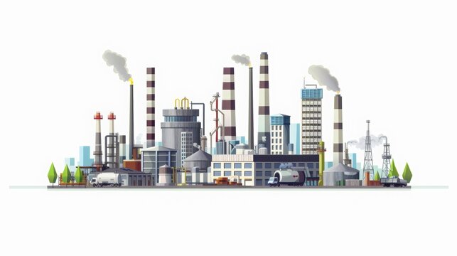 Zavodskaya promyshlennost', manufaktura, ikonki, vidy zavodov, ploskiye ikonki nabor izolirovannykh, Gorodskoy zavod, zavod peyzazh vektornaya illyustratsiya. industriya, promyshlennost', rasteniye, v