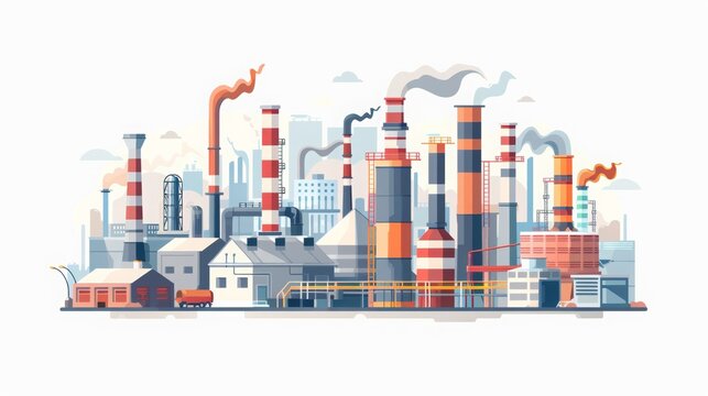 Zavodskaya promyshlennost', manufaktura, ikonki, vidy zavodov, ploskiye ikonki nabor izolirovannykh, Gorodskoy zavod, zavod peyzazh vektornaya illyustratsiya. industriya, promyshlennost', rasteniye, v