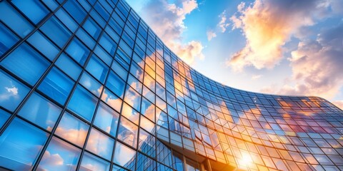 A curved glass building with sleek lines and modern architecture against the backdrop of an early morning sky, symbolizing innovation in corporate business photography Generative AI