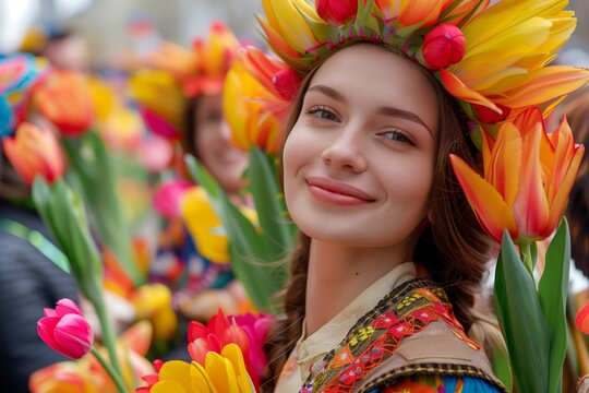 A woman wearing a flower headdress and holding a bouquet of flowers