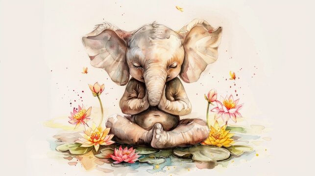 A painting of an elephant sitting in a lotus position. Suitable for mindfulness and meditation concepts