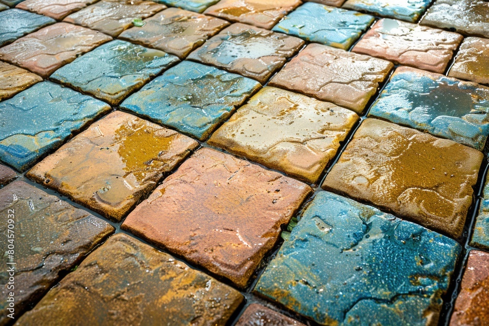 Aufkleber close up of water droplets on tiled floor, suitable for background use