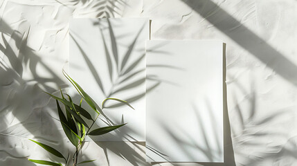 Vertical empty paper sheets with palm leaves shadow summer mockup