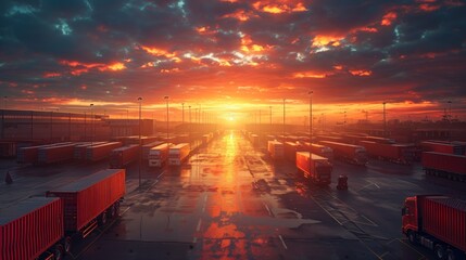 Logistics park with warehouse, loading center and many semi-trailers with cargo trailers standing at ramps for loading/unloading goods at sunset.
