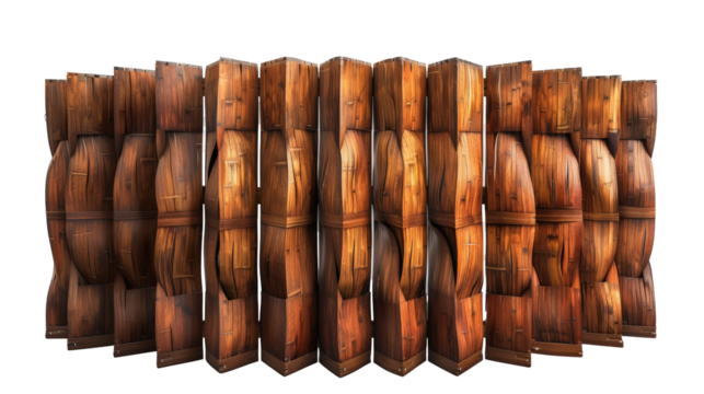 The image shows a row of wooden barrels standing upright, closely packed together, likely used for aging wine or whiskey.