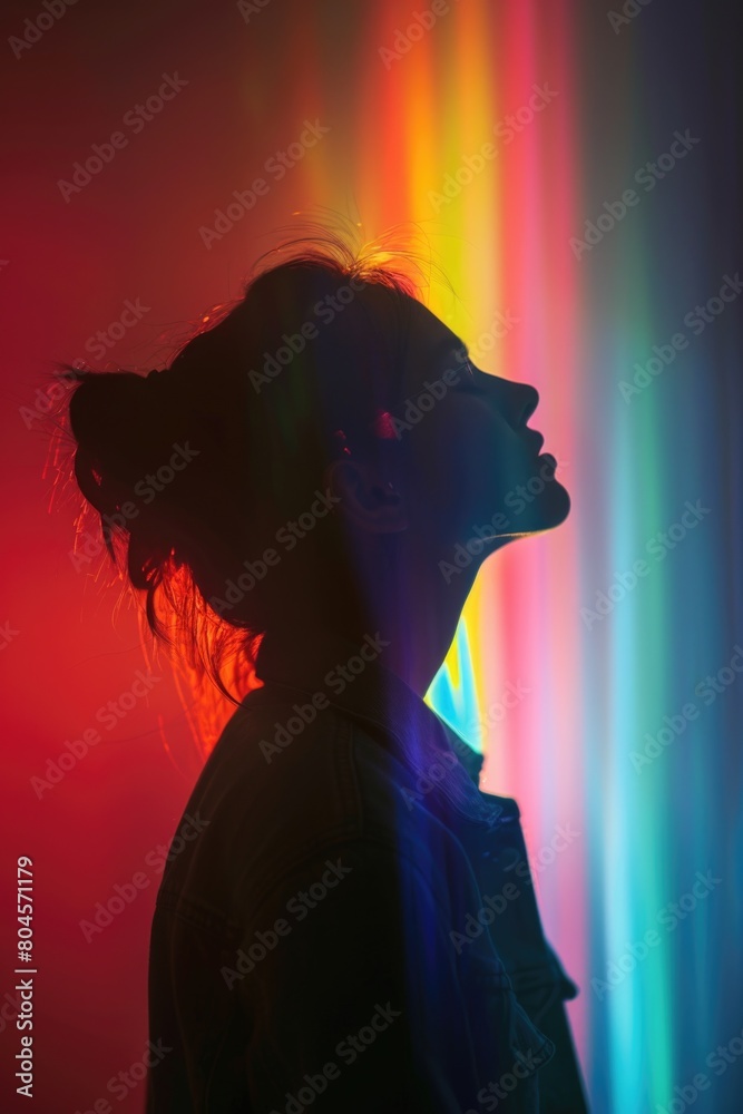 Poster a person's silhouette with a rainbow light in the background, suitable for various design projects