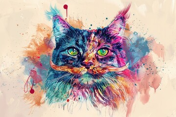 A painting of a cat with a moustache. Suitable for pet lovers