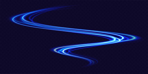 Blue light trail, wave speed, trace line twirl. Abstract light lines of movement and speed with white color glitters.