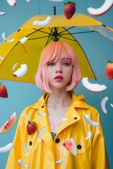 Artistic portrait of a girl with a pink bob haircut and a colorful umbrella among rain of falling fruits on a blue background.
