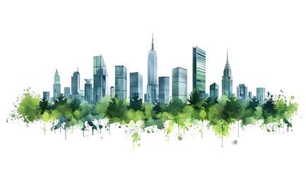 Eco friendly green city skyline on white background, environmental protection, sustainability, ecology and environment day concept