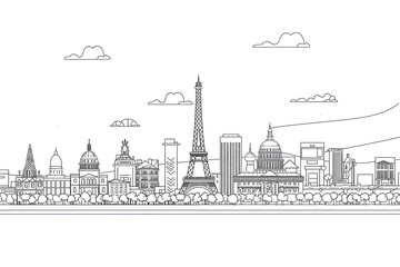 Paris city skyline line art black white strokes