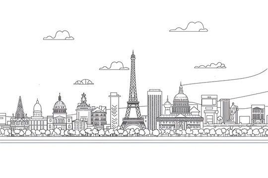 Paris city skyline line art black white strokes