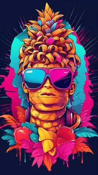 Stylized figure with a pineapple face and hairstyle, wearing sunglasses and headphones, set against a neon splash background