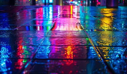 Obraz premium Colorful lights reflecting on wet sidewalk