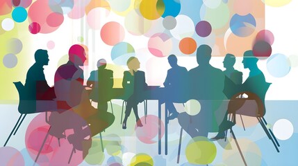 Abstract representation of a business meeting happening in a workplace. Eight people are seated around a table discussing matters. Colorful circles above and around them.