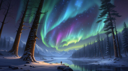 landscape with aurora and stars