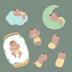 Various scenes of cute babies sleeping, such as cradle, clouds, moon, etc.