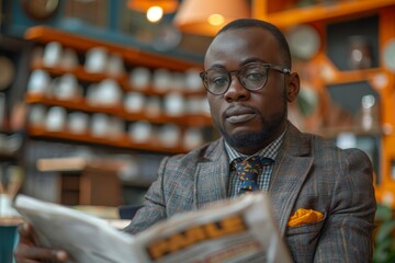 A young man in a tweed suit thoughtfully reads the newspaper in an eclectic cafe setting, displaying a look of focus