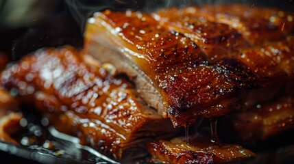 A close-up of succulent triple-layer pork belly being basted with savory glaze, ready for roasting.