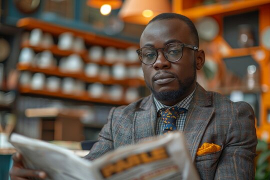 A young man in a tweed suit thoughtfully reads the newspaper in an eclectic cafe setting, displaying a look of focus