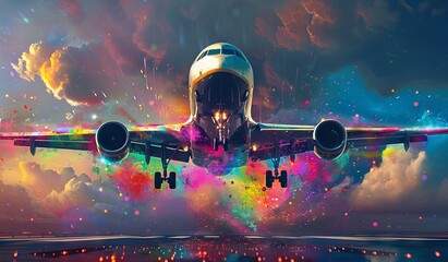 A large jetliner flying through a colorful sky