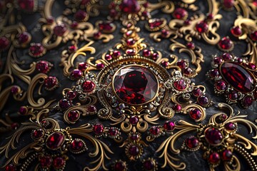 Ornamental gold and red jewelry with magenta stone in symmetrical pattern