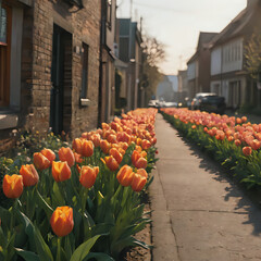 a many tulips growing in the front of the house