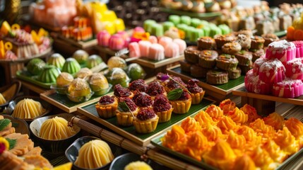 Fototapeta premium A colorful assortment of traditional Thai desserts, showcasing the artistry of Thai culinary heritage.