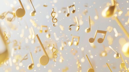 Golden music notes flying in the air against a white background, rendered in 3D.