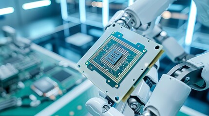 Illustration showcasing a modern robot arm holding a contemporary supercomputer processor, symbolizing industrial automation and technological advancement.