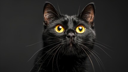 Obraz premium A tight shot of a black feline gazing into the camera with piercing yellow eyes and an intensive expression